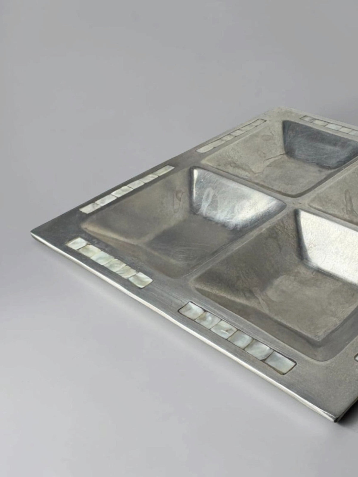 mother-of-pearl & aluminium centerpiece, Italy, 1970's — side angle