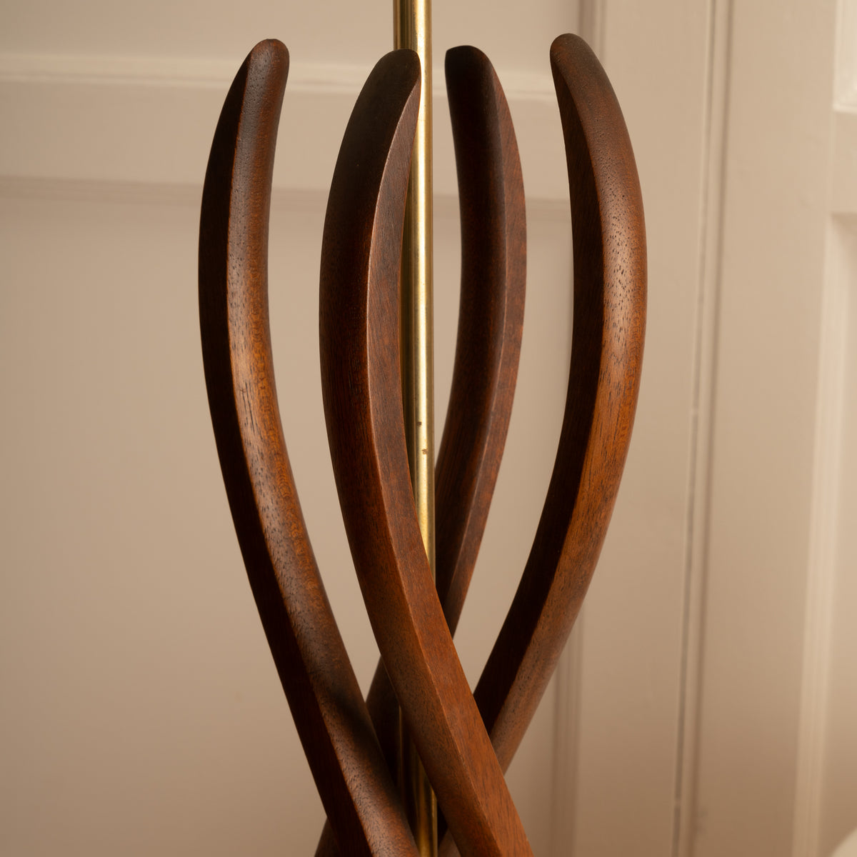 Close-up detail of curved wood slats on 1960s organic table lamp