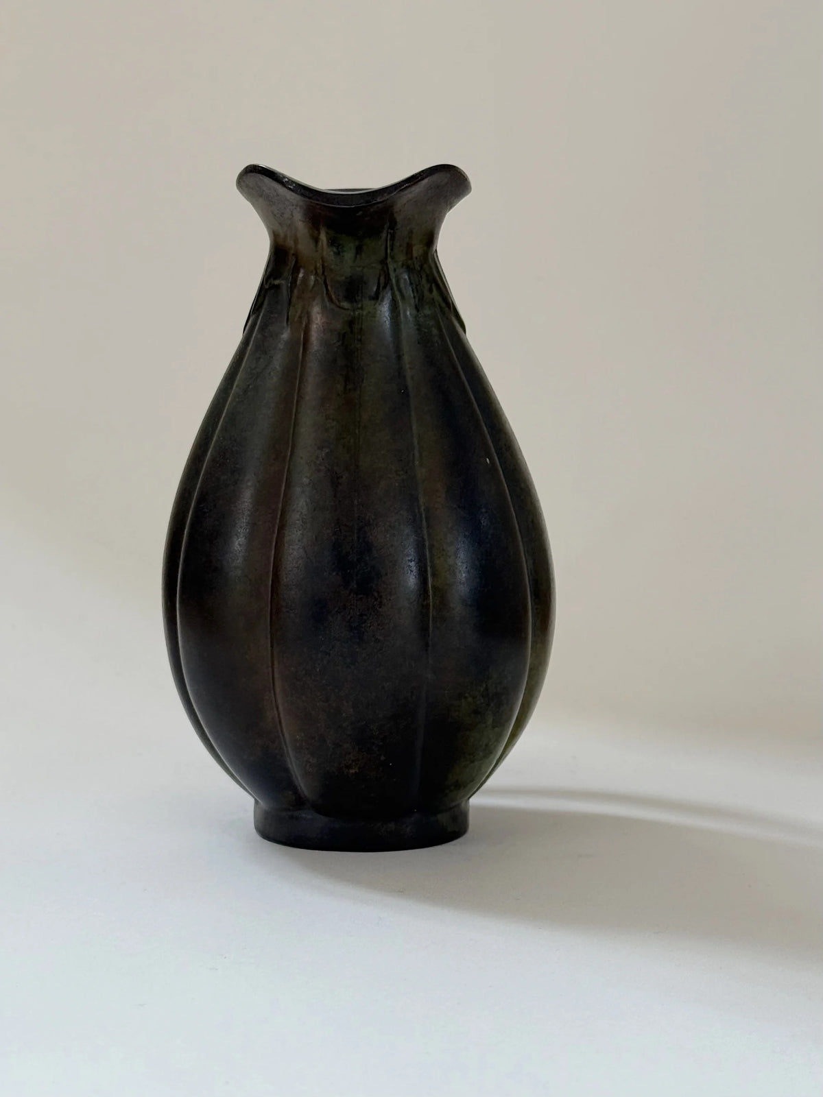 Danish Bronze Vase with Ribbed Form, 1910s — angled view showing dark bronze finish