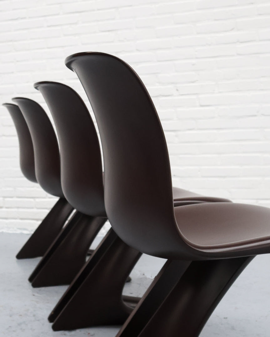Brown plastic Z chairs with cantilever base detail view 1970s