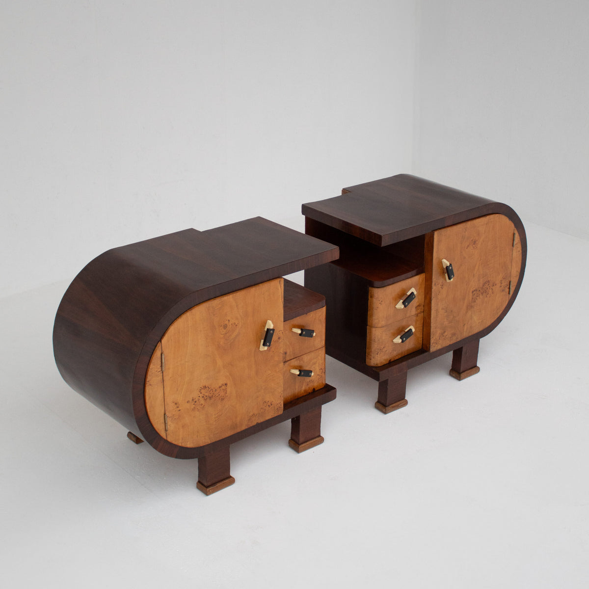 Pair of Art Deco Nightstands with Burl Wood Fronts — side angle