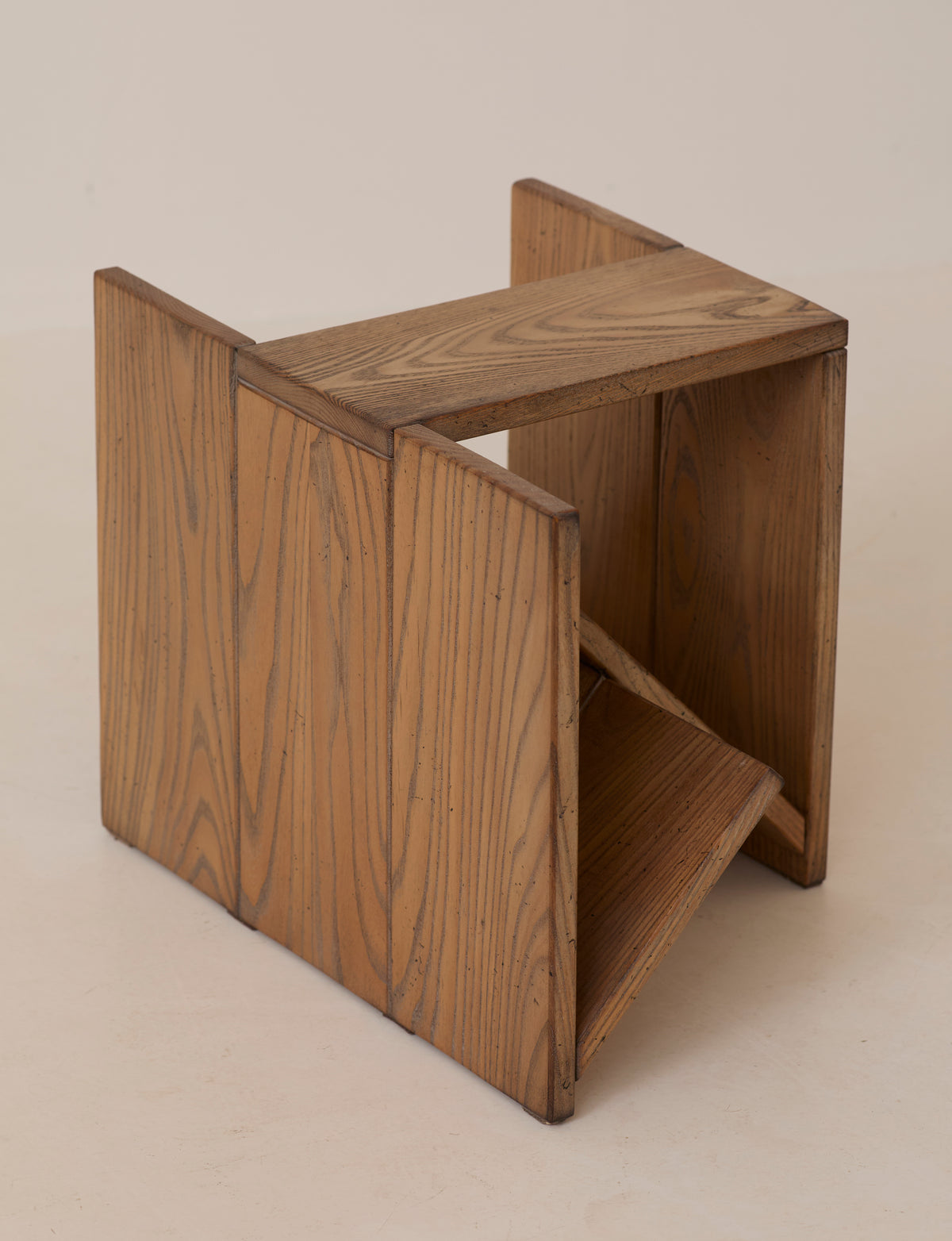 Vintage Side Table / Magazine Rack in Elm Wood by Alain Ladroit for Maison Regain C. 1980 — top view highlighting natural woo