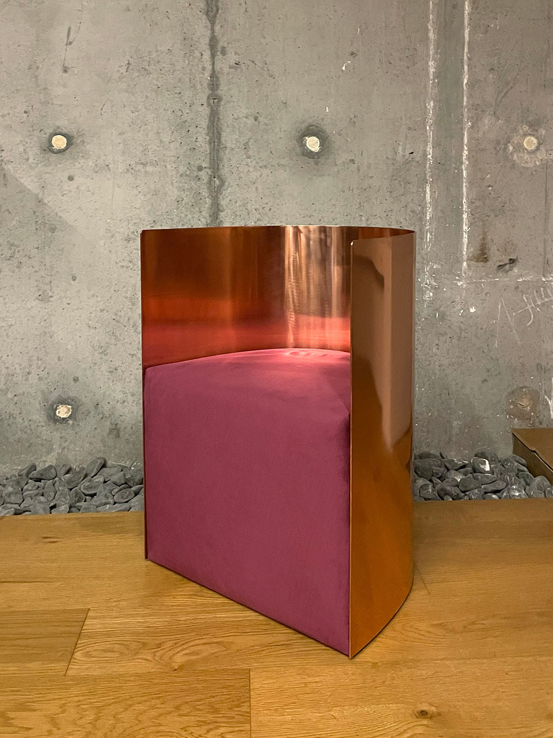 Luna Chair' by ZAROLAT Studio — side view of copper finish and purple cushion