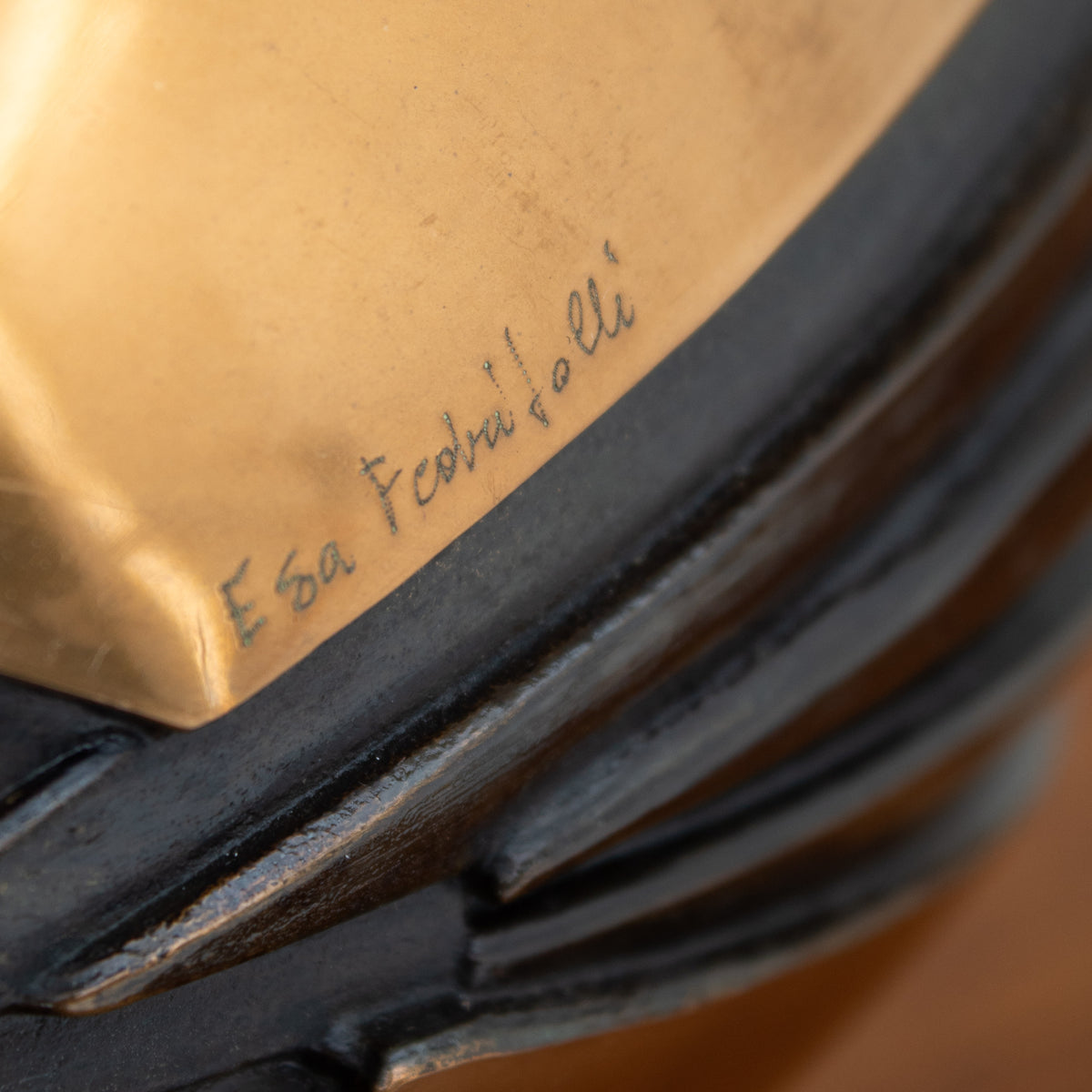 Brass Table Lamps in Fabric and Textile by Esa Fedrigolli for Esart — close-up of signature on brass lamp