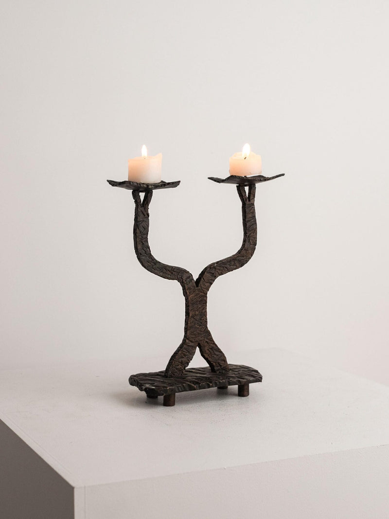 Heavy Cast Bronze Candelabra, Two-Light Pricket Holder, Brutalist Organic Metalwork (c. 1960s) by Studio Ecubed