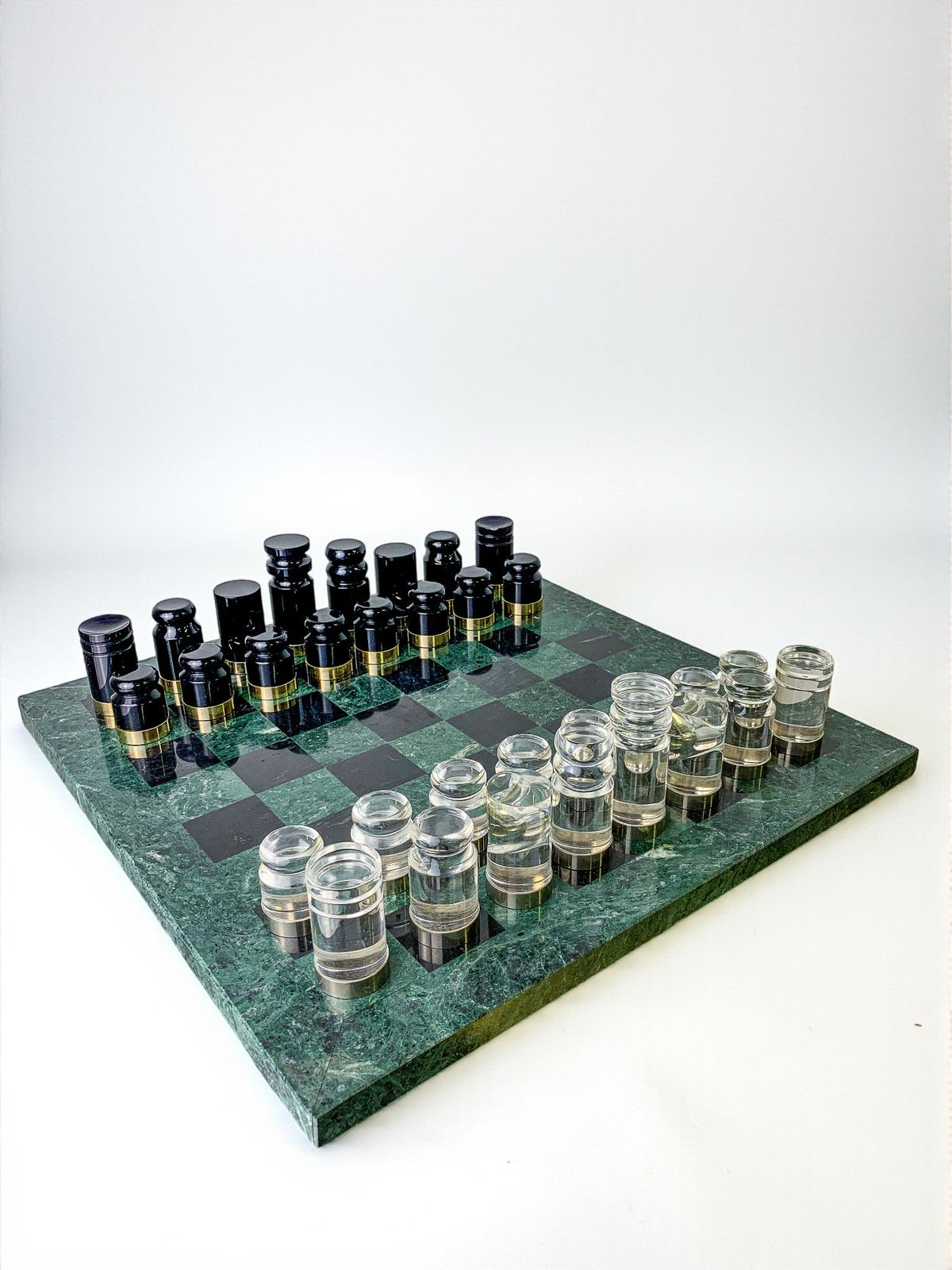 Acrylic & Gilt Brass Chess Set with Marble Board, Italy, 1970s by Malamar Studio | The Oblist