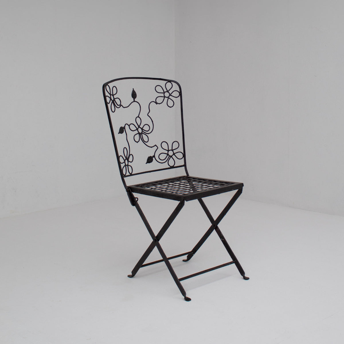Set of Three Decorative Wrought Iron Garden Chairs with Floral Backrests — alternate view