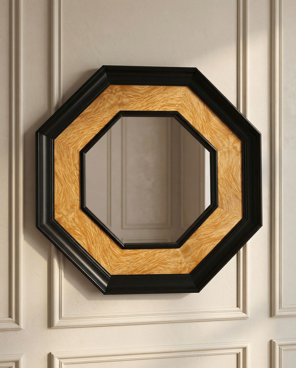 Lacquered Wood Mirror by Jean Claude Mahey — octagonal shape on wall with textured wood