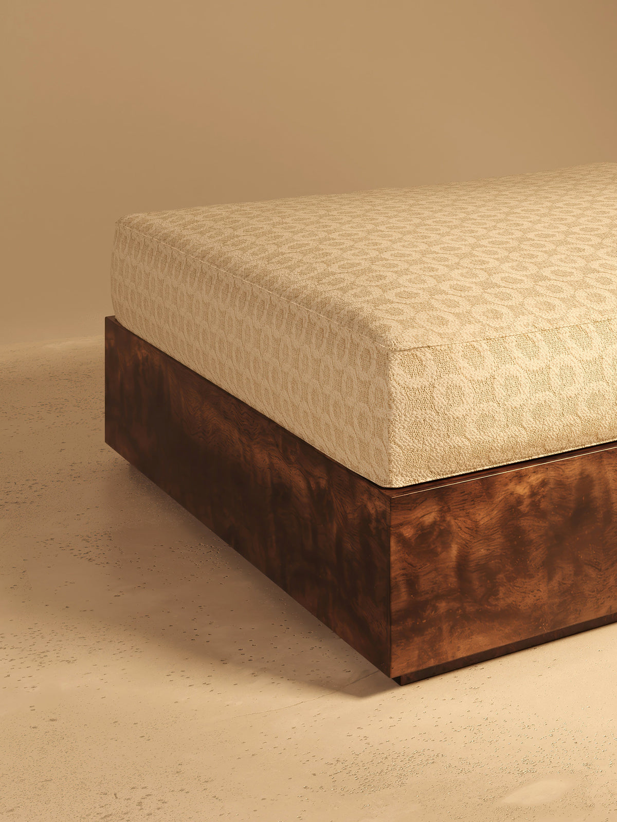 KAVA Collection I POUF – Walnut Burl Finish, Dedar Upholstery — close-up of upholstered top with patterned fabric