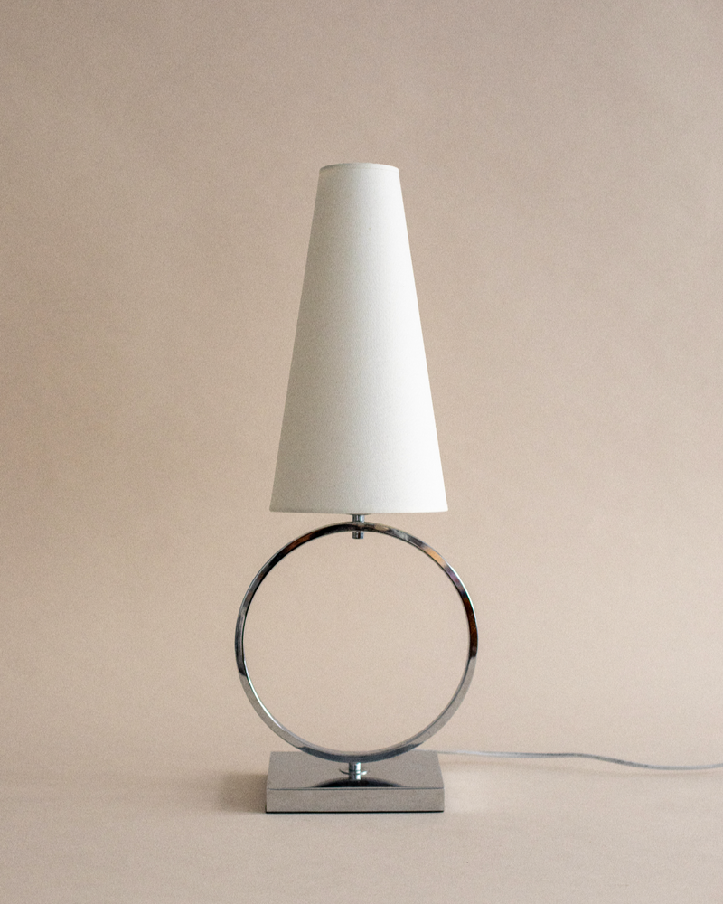 Modern Olhao table lamp with circular chrome base and white shade