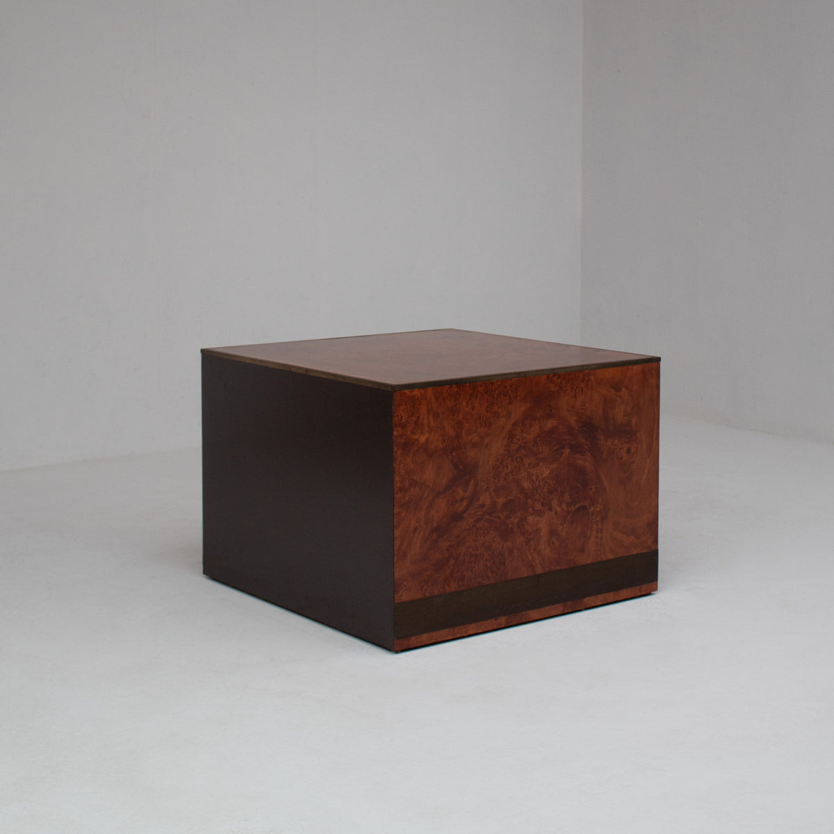 Vintage Burl Wood Cube Cabinet with Two Drawers — lifestyle setting