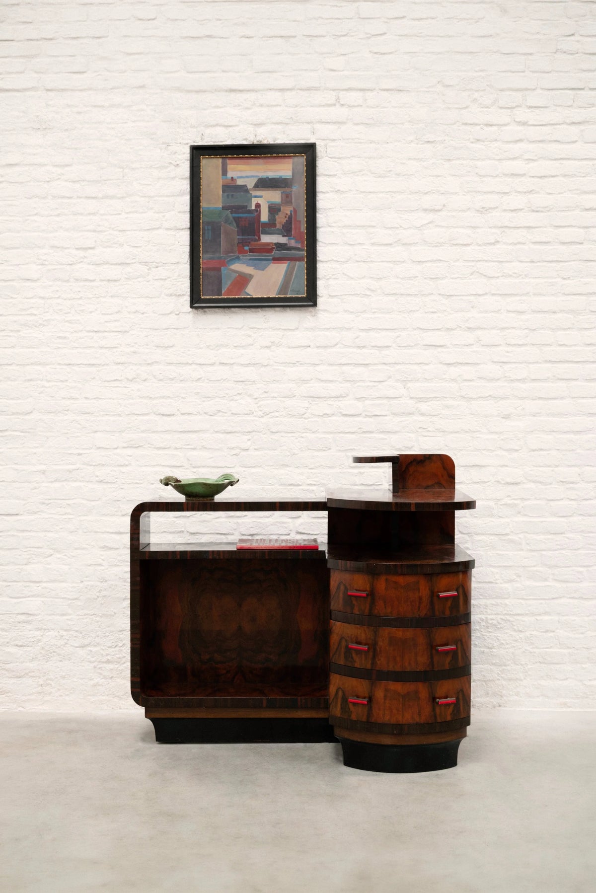 Italian Rationalist Walnut Sideboard with Red Bakelite Handles, circa 1930 — side angle