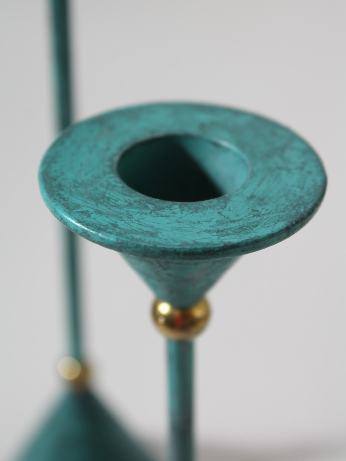 Memphis Design Metal Candle Holders Set, 1980s — close-up of turquoise metal finish