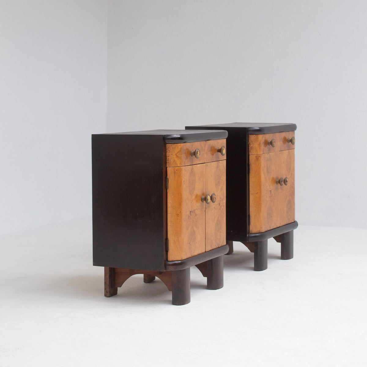 Pair of Italian Art Deco Bedside Cabinets — top view showing wood grain and drawer details