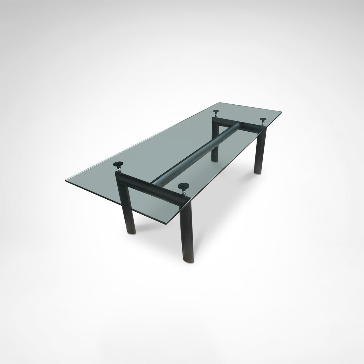 LC6 Dining Table by Le Corbusier et al. for Cassina 1990s — top view of glass surface with black legs