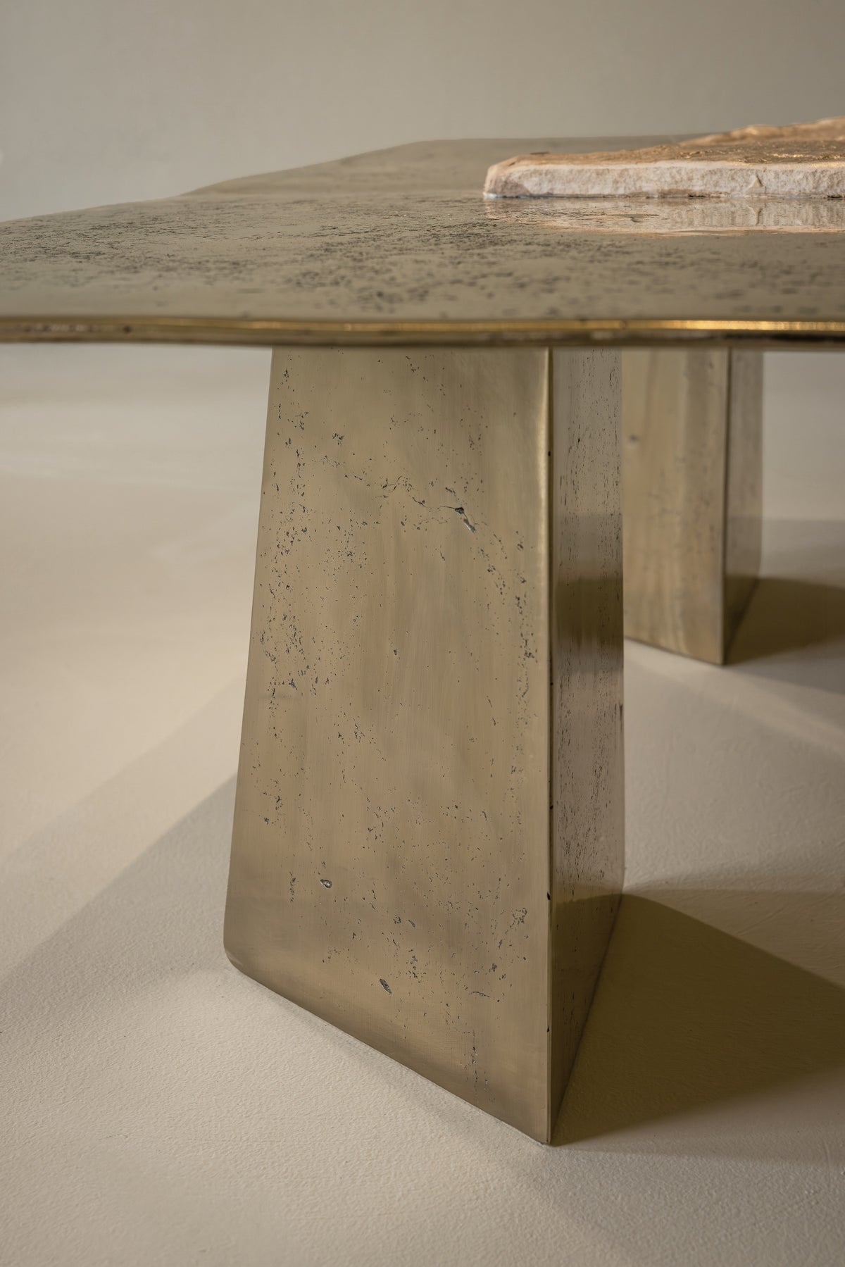 ACROPOLIS Sculptural Coffee Table - Brass and Travertine and Resin Coffee Table — lifestyle setting