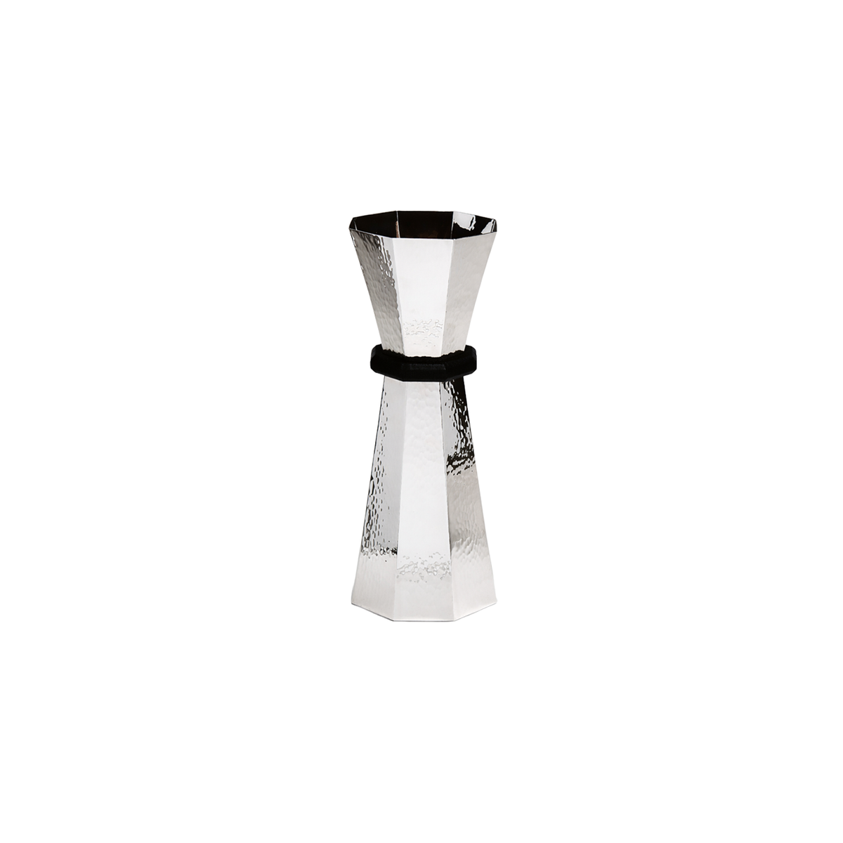 Silver Plated Pitcher — angled view with textured surface and black handle