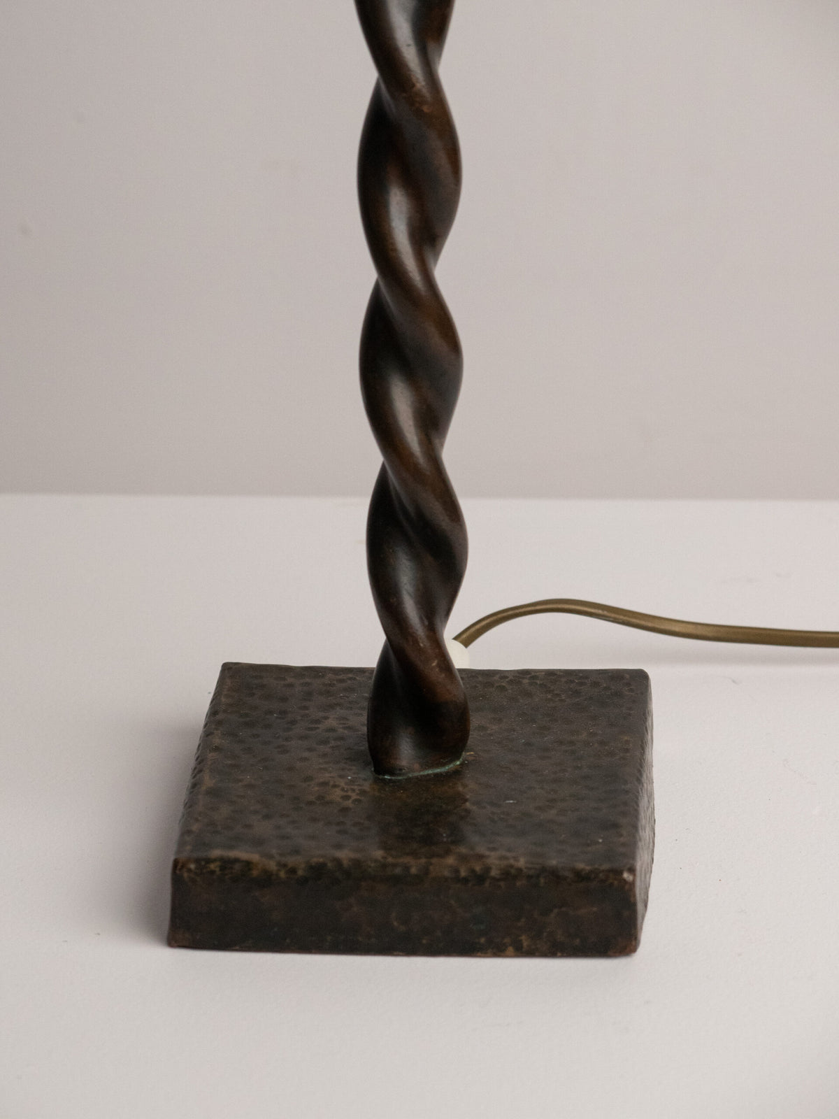 Hand-Twisted Copper Table Lamp on Hammered Plinth with Black Cone Shade, Northern European Workshop, 1960s — close-up