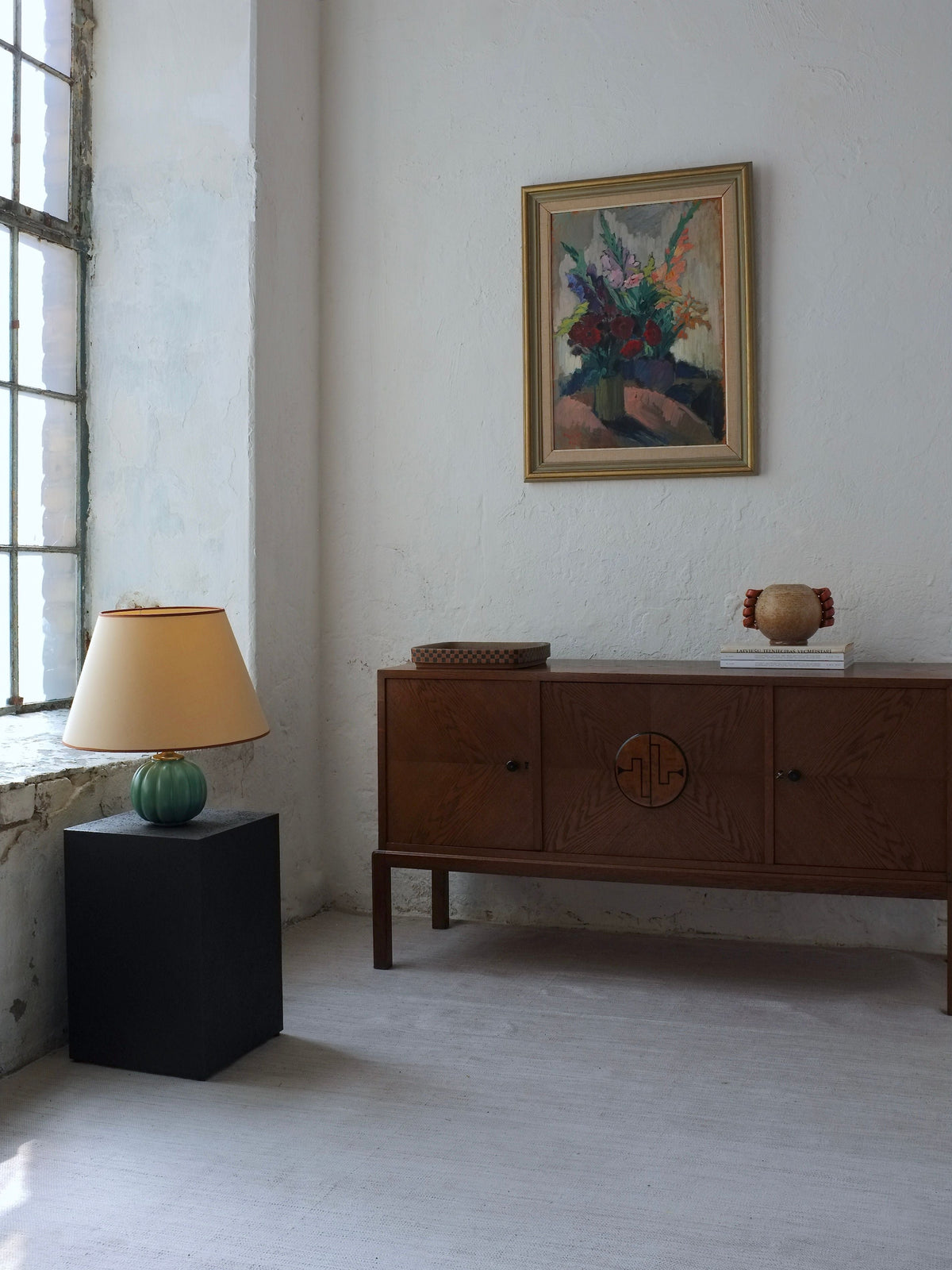 Swedish Modern Oak Sideboard, 1930s — top view in minimalist room setting