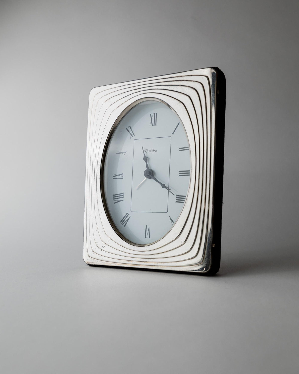 Vintage 1960s Silver Plated Desk Clock by Del Conte Italy, Rectangular Case with Oval Clock Face, Mid Century Design, Elegant Gift Idea — detail view