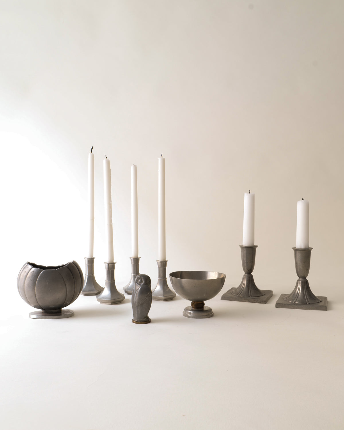 Collection of vintage pewter candleholders and bowls 1930s Denmark