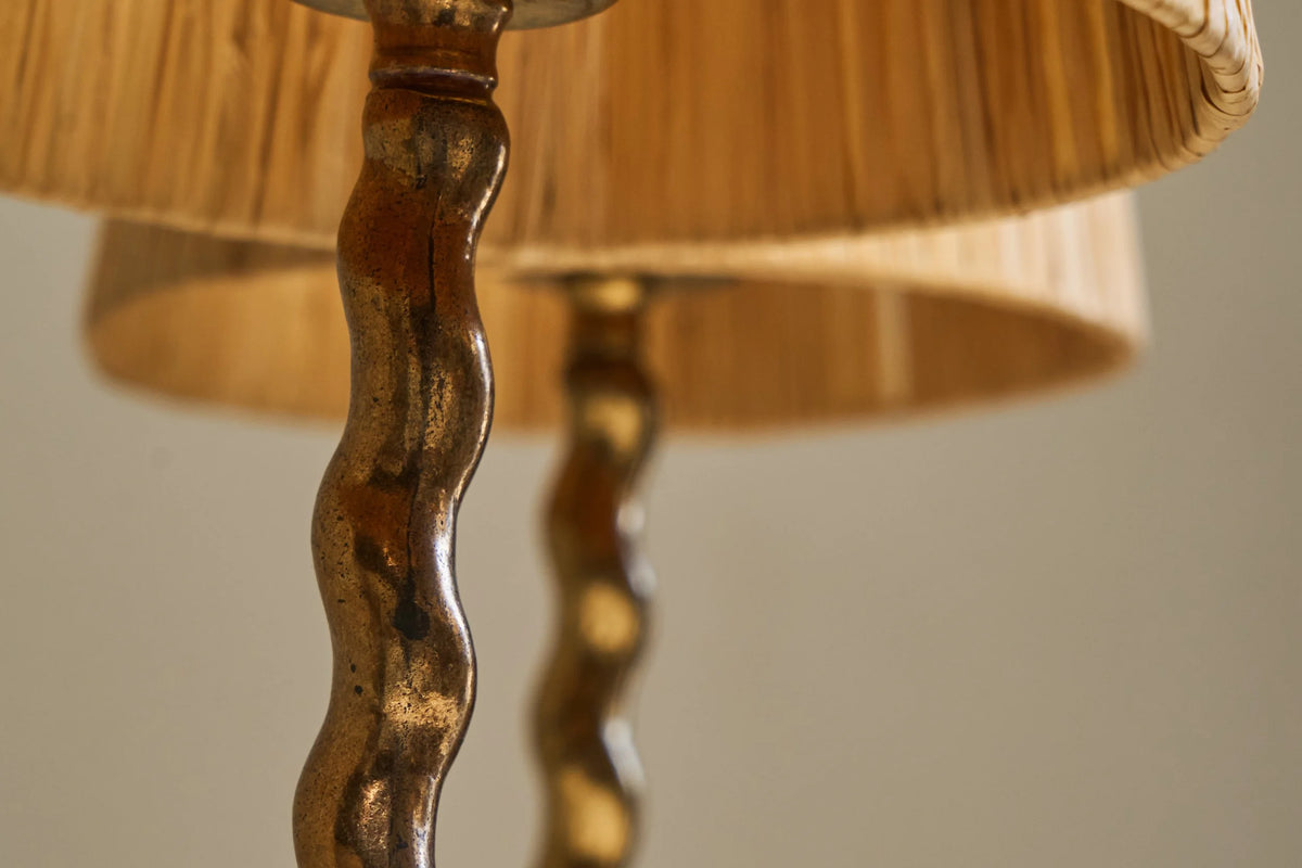 Wonderful Pair of Tripod Table Lamps in Patinated Sand Cast Brass with Raffia Shades — additional view