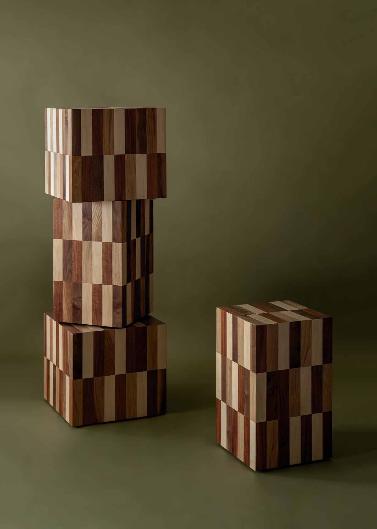 MORA Wooden Side Table — stacked wooden blocks in neutral setting