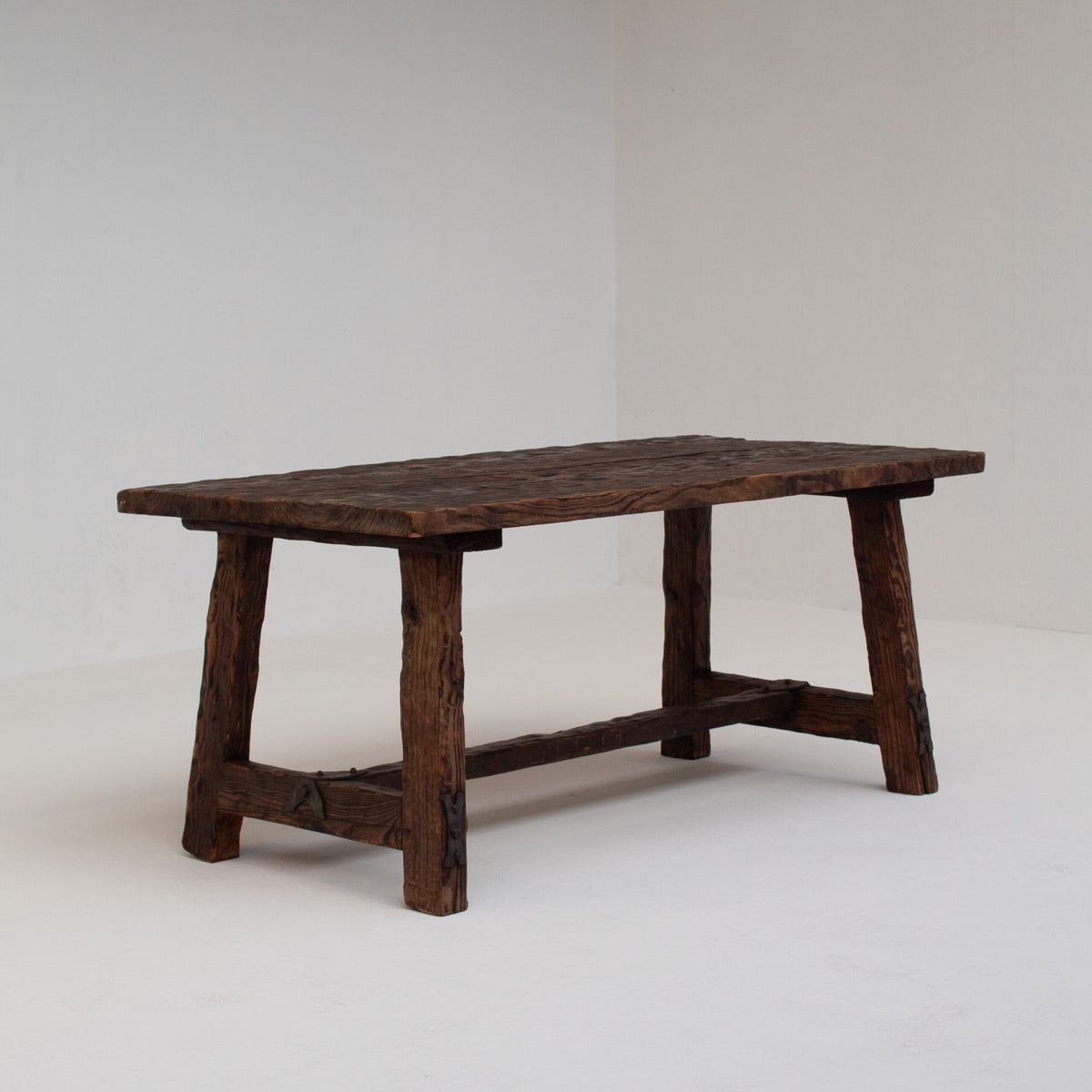Brutalist Solid Wood Coffee Table — top view of textured dark wood surface