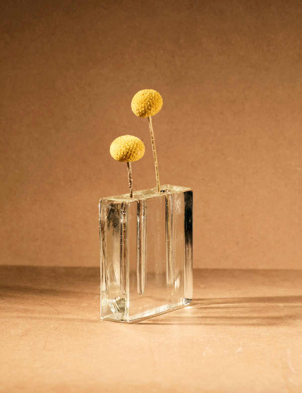 Vintage Scandinavian Clear Vase in Glass c. 1960 — close-up with yellow flowers in glass