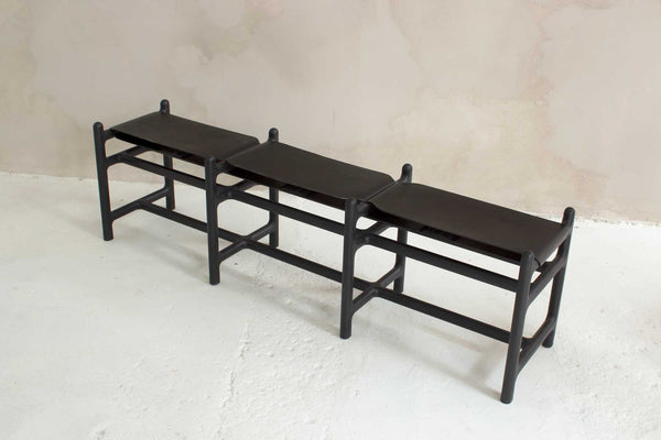Lyndoe Bench in Solid Wood and Leather — top view of dark wooden seat