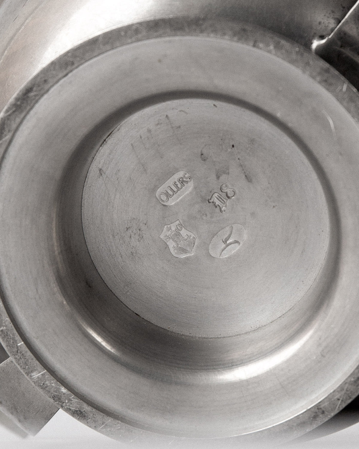 Art Deco Pewter Bowl by Edvin Ollers, 1930s, Sweden — underside view showing maker's marks and smooth finish