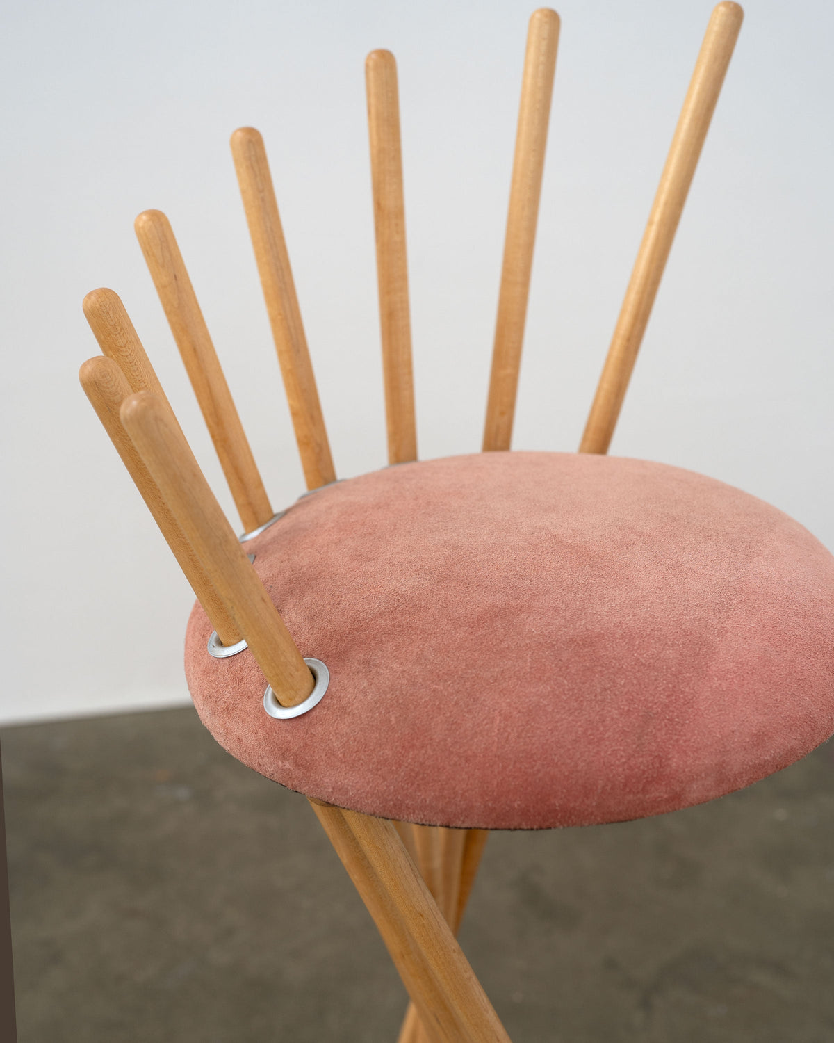 Postmodern prototype stool with pink velvet seat and wooden spindle back