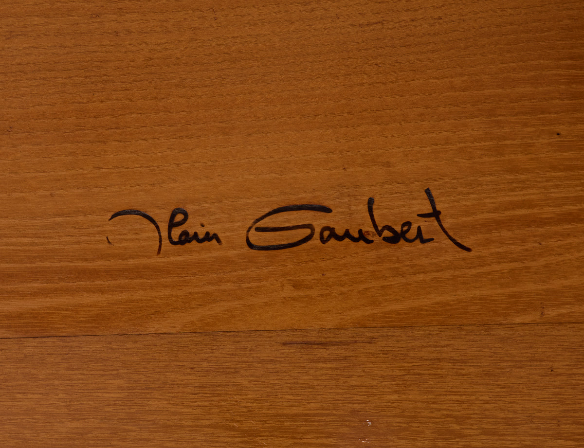 Solid elm coffee table by Alain Gaubert, France circa 1980 — close-up of signature on wood surface