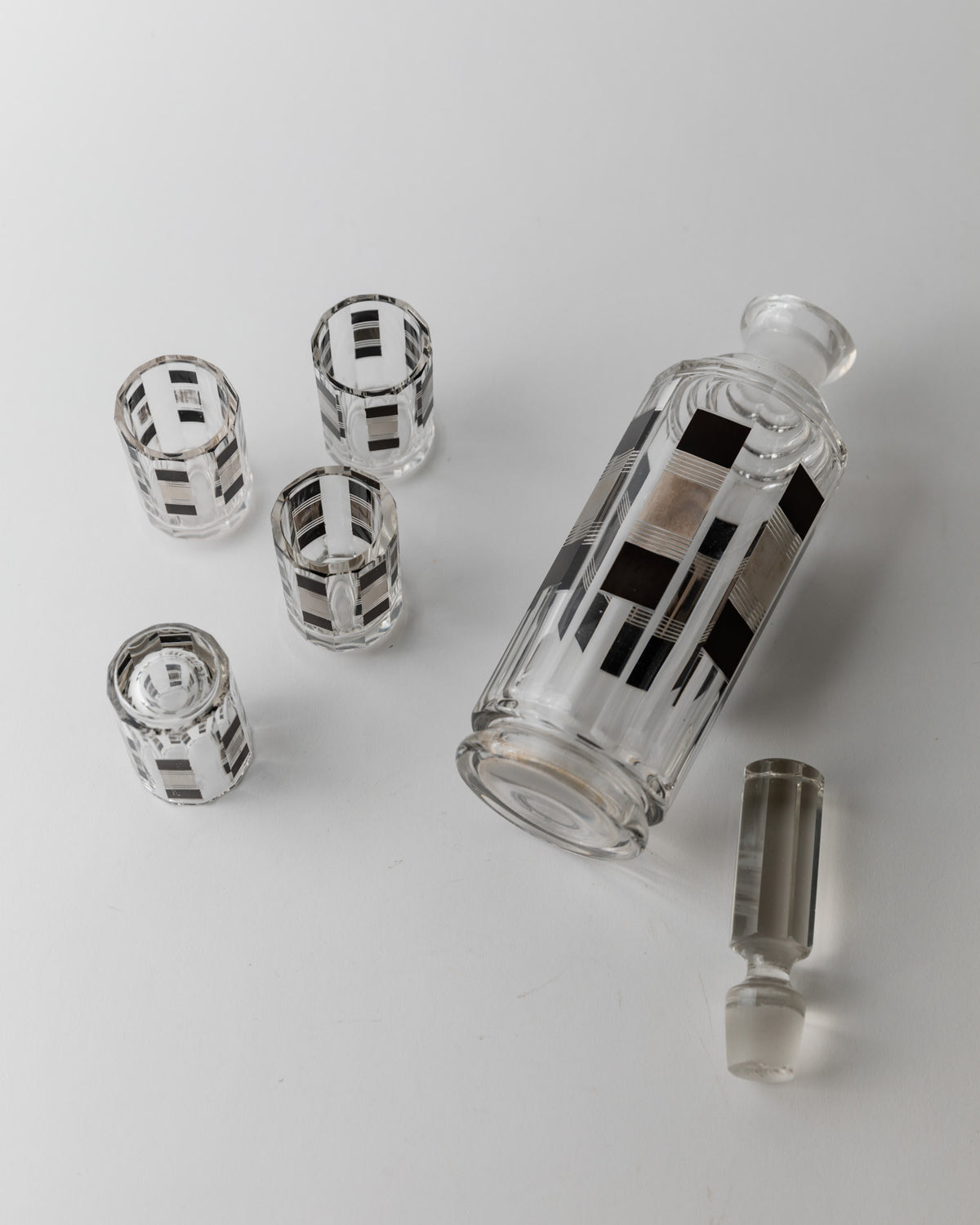 Liqueur Set Art Deco by Karl Palda 1930s — overhead view on white background
