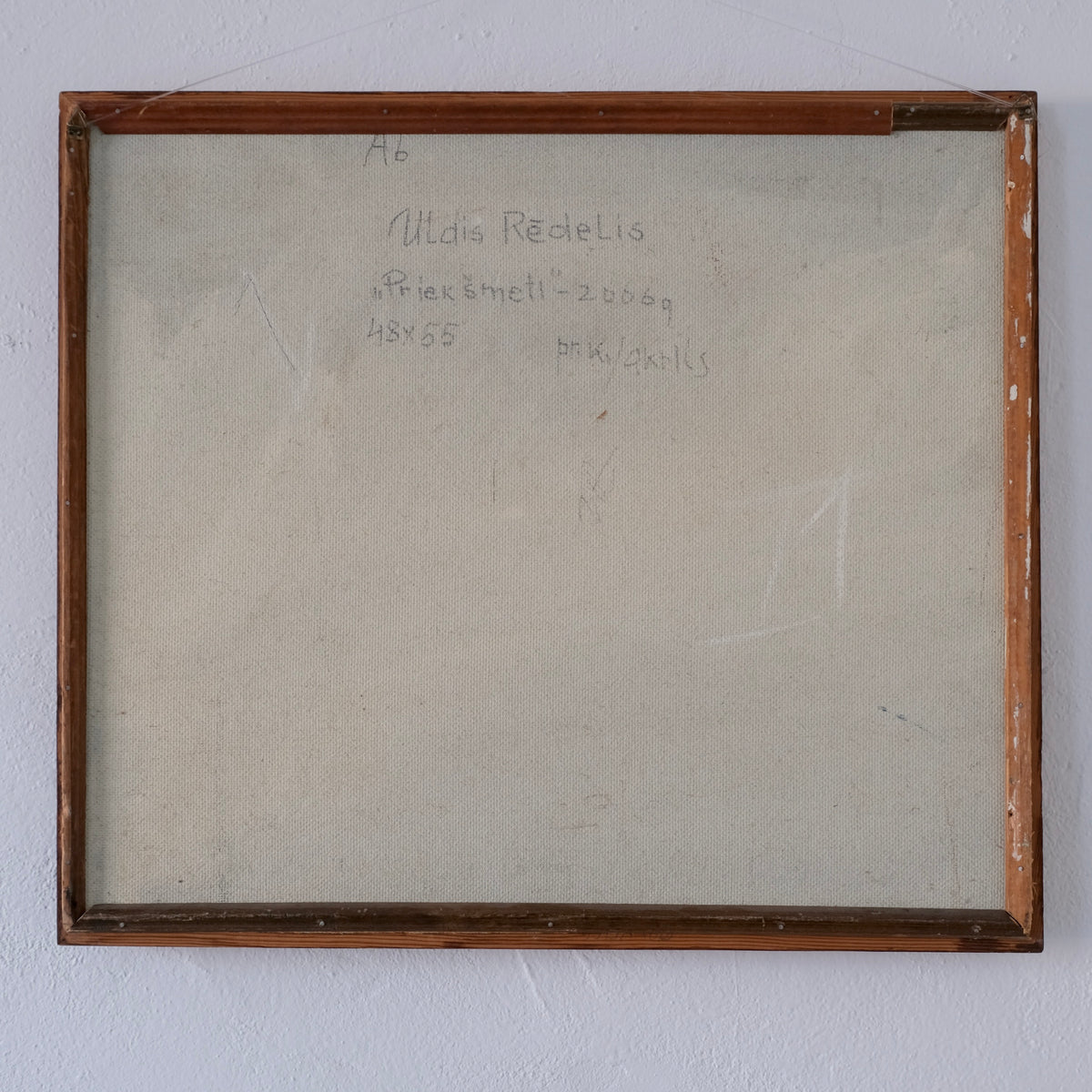 Uldis Rēdelis Blue Abstract Painting "Items", Latvia, 2006 — back view with wooden frame and artist details