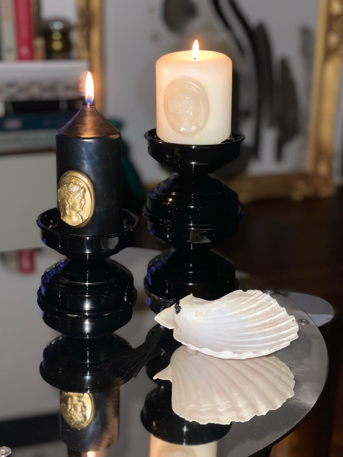Contemporary Classic Candle Holders in Metal - Licorice Black Collection — side angle with candles on reflective surface
