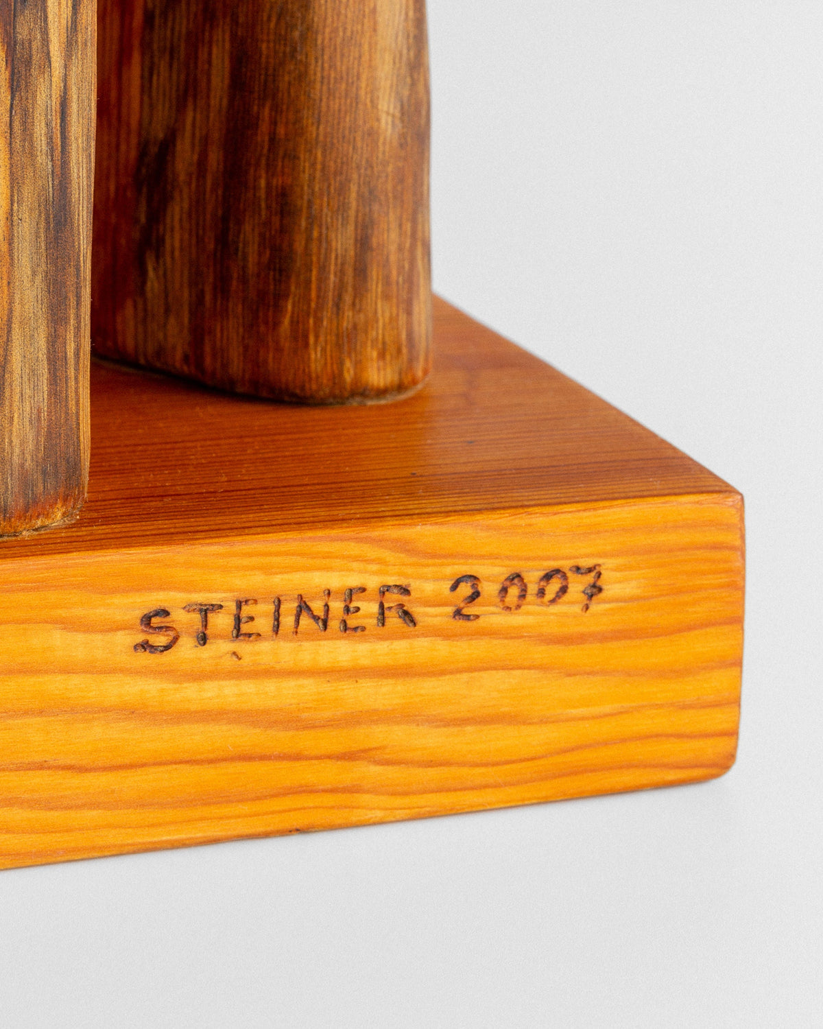 Large Wooden Sculpture by Jean-Maurice Steiner, 2007 — close-up of carved wooden base