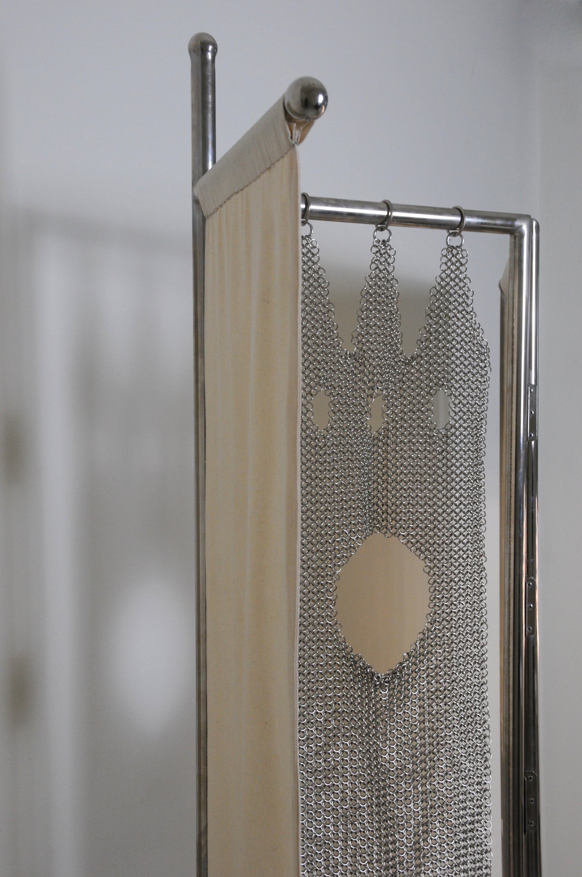 Gonfalon Paravent, Room Divider in Textile and Metal — close-up of metal and fabric details