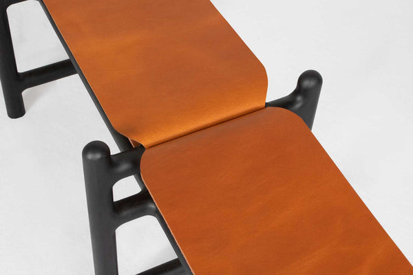 Lyndoe Bench in Solid Wood and Leather — close-up of leather seat detail