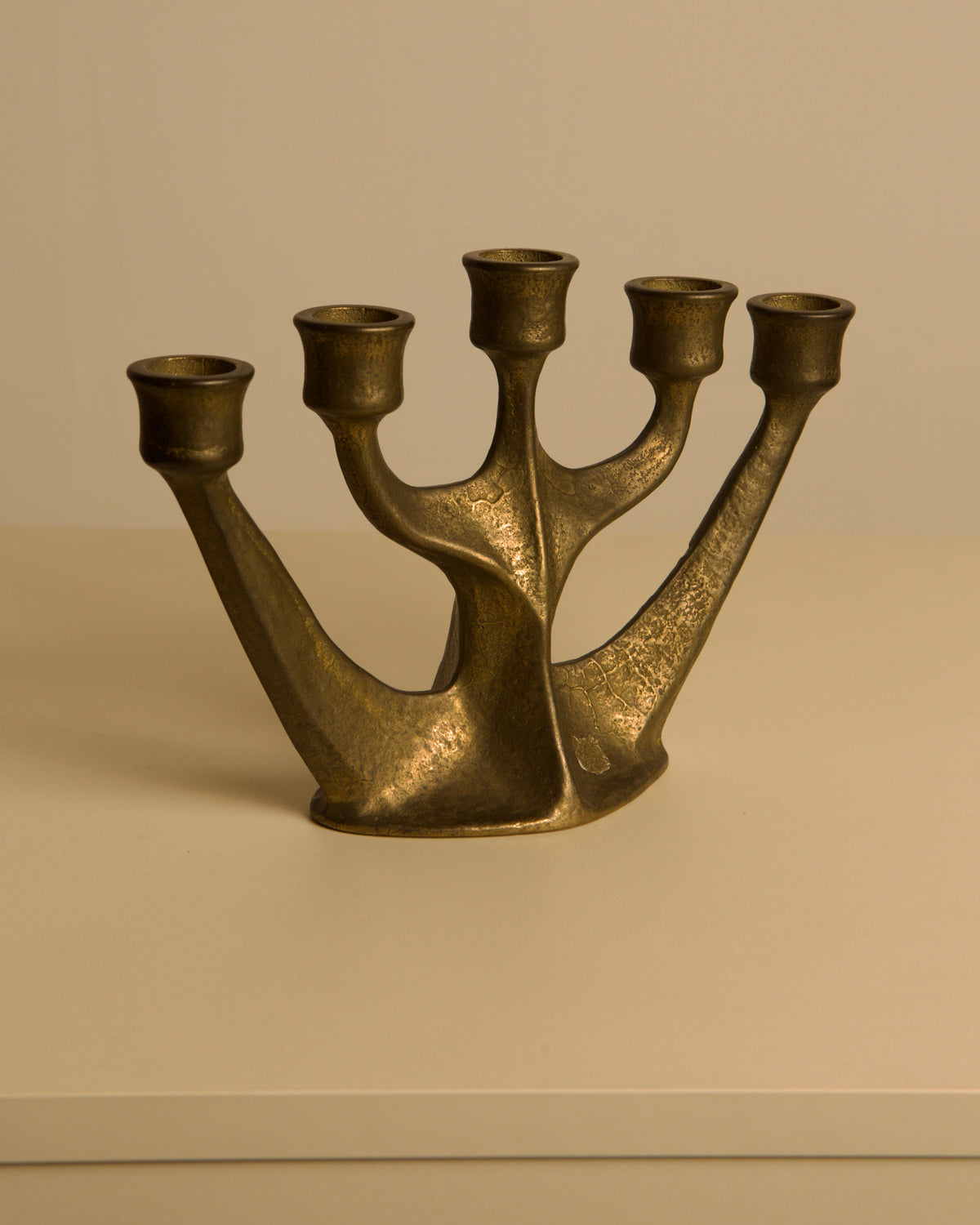 Five-branch Brass Candleholder by Michael Harjes, 1960s — close-up of brass texture and shape