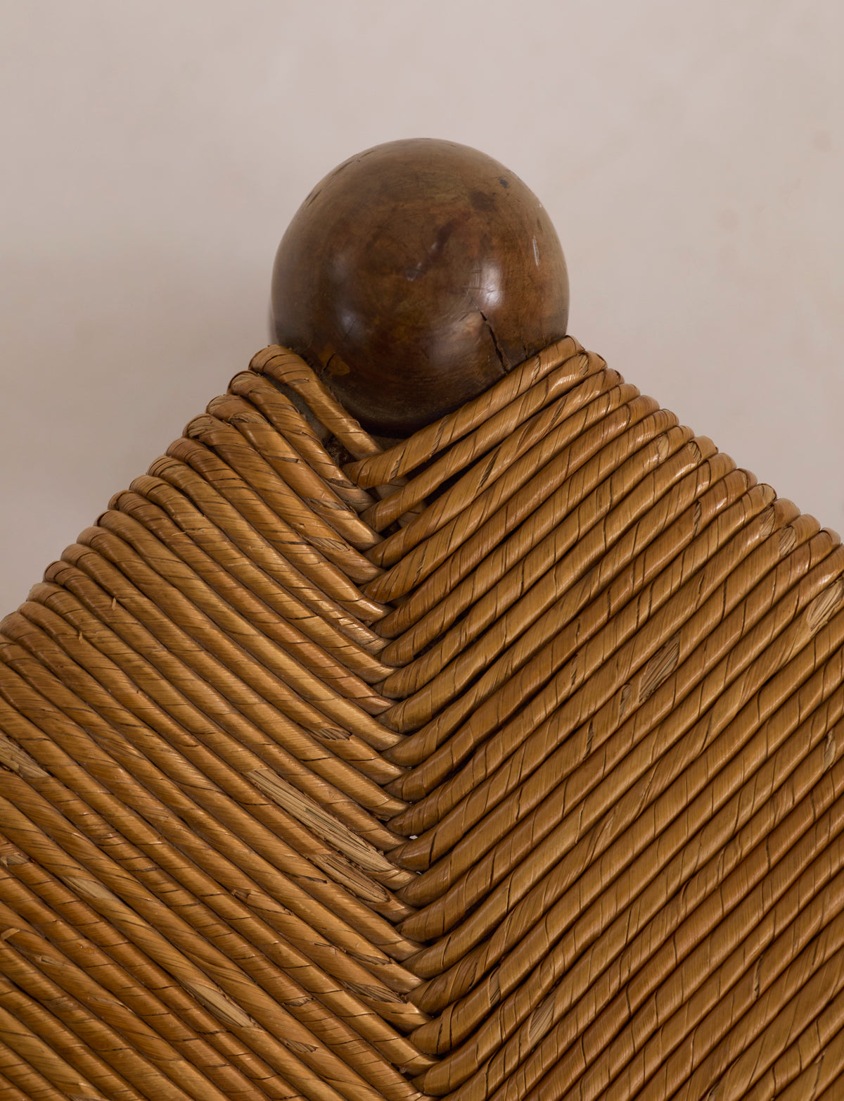 Vintage French Oak Wood and Straw Low Chair C. 1940 — close-up of woven straw detail