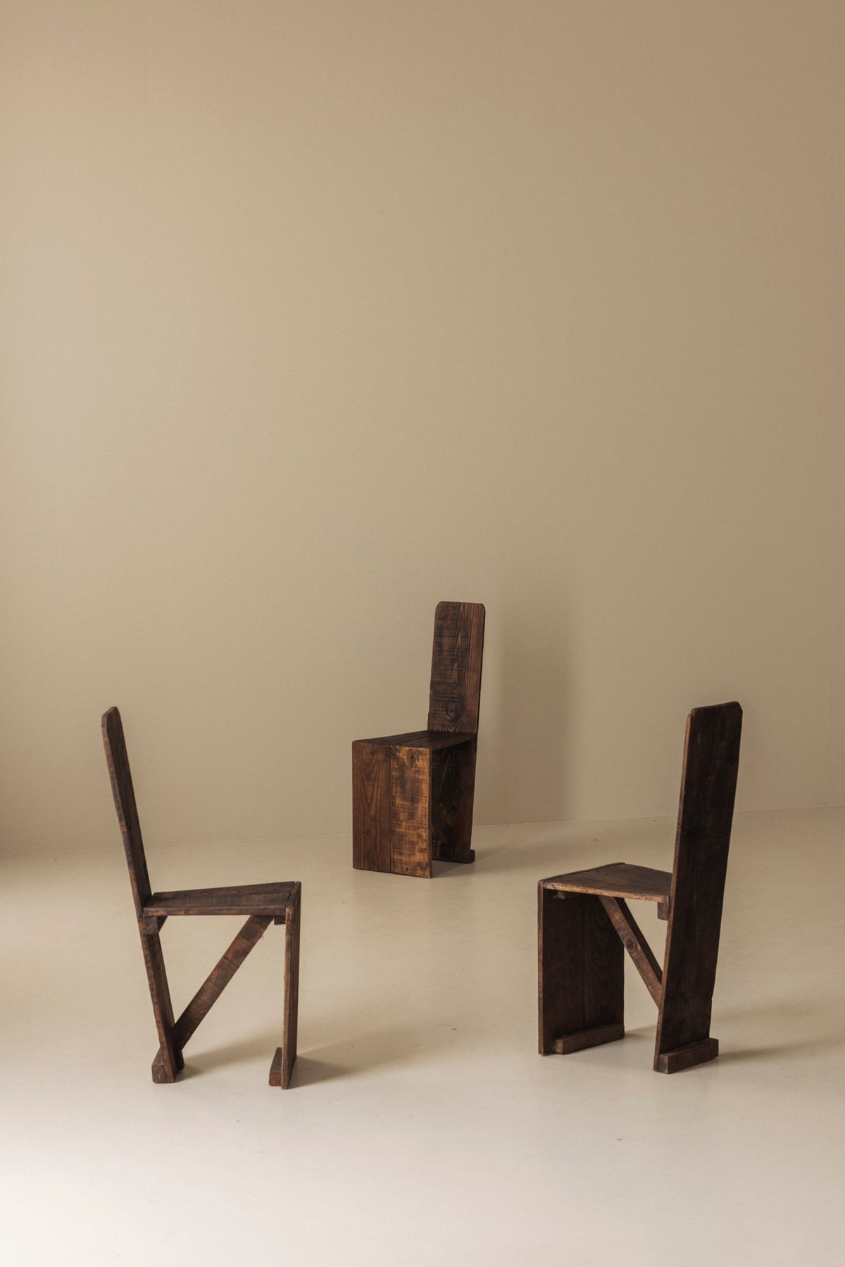 Set of 3 Primitive French Wooden Chairs, 1940s–1950s — lifestyle setting