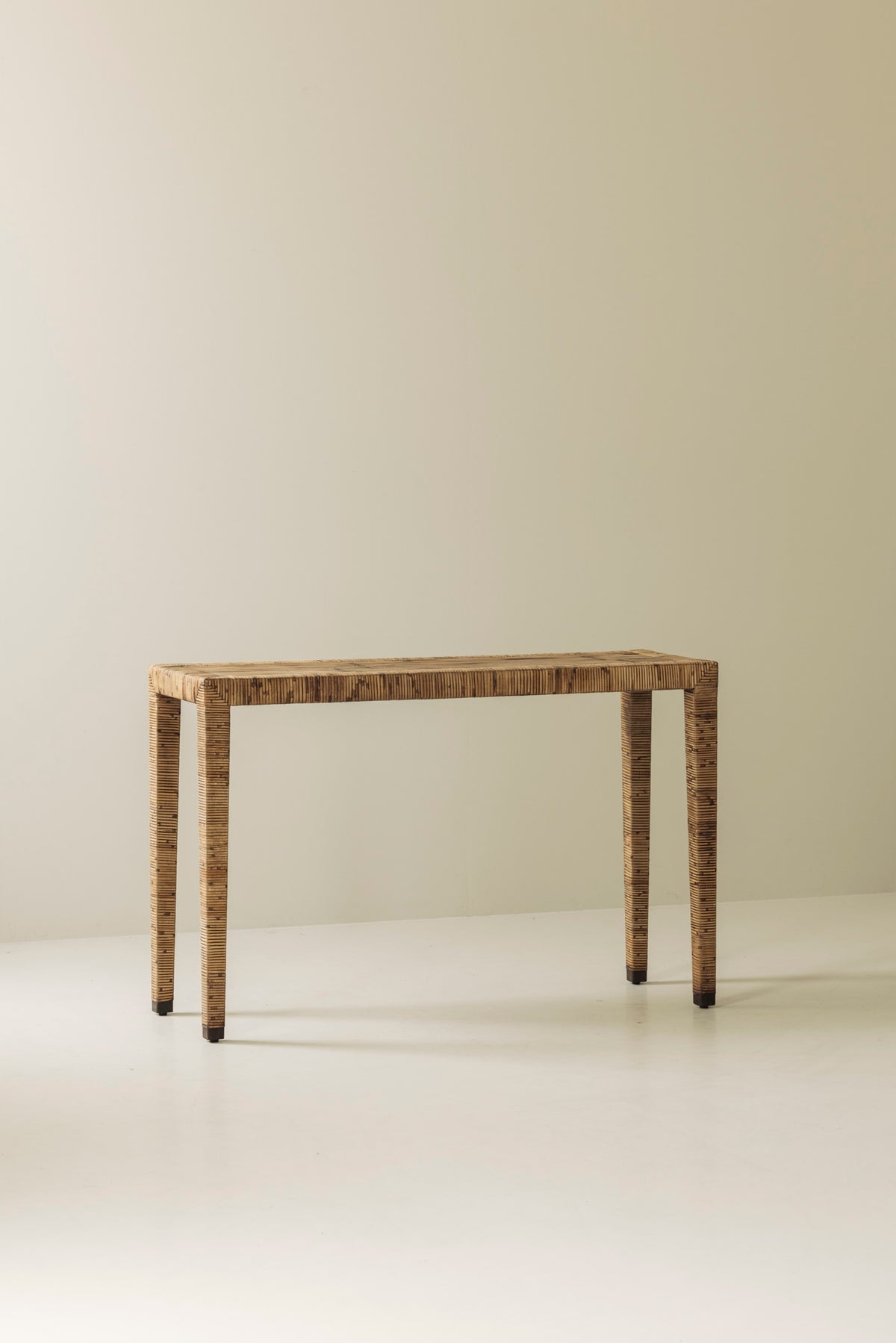 Exceptional French Rattan Wrapped Console Table, 1970s — detail view