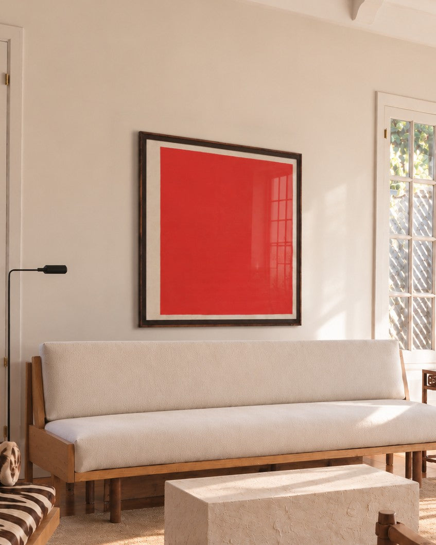"Three Layers of French Red" Dye and Pigment on Raw Canvas — side angle