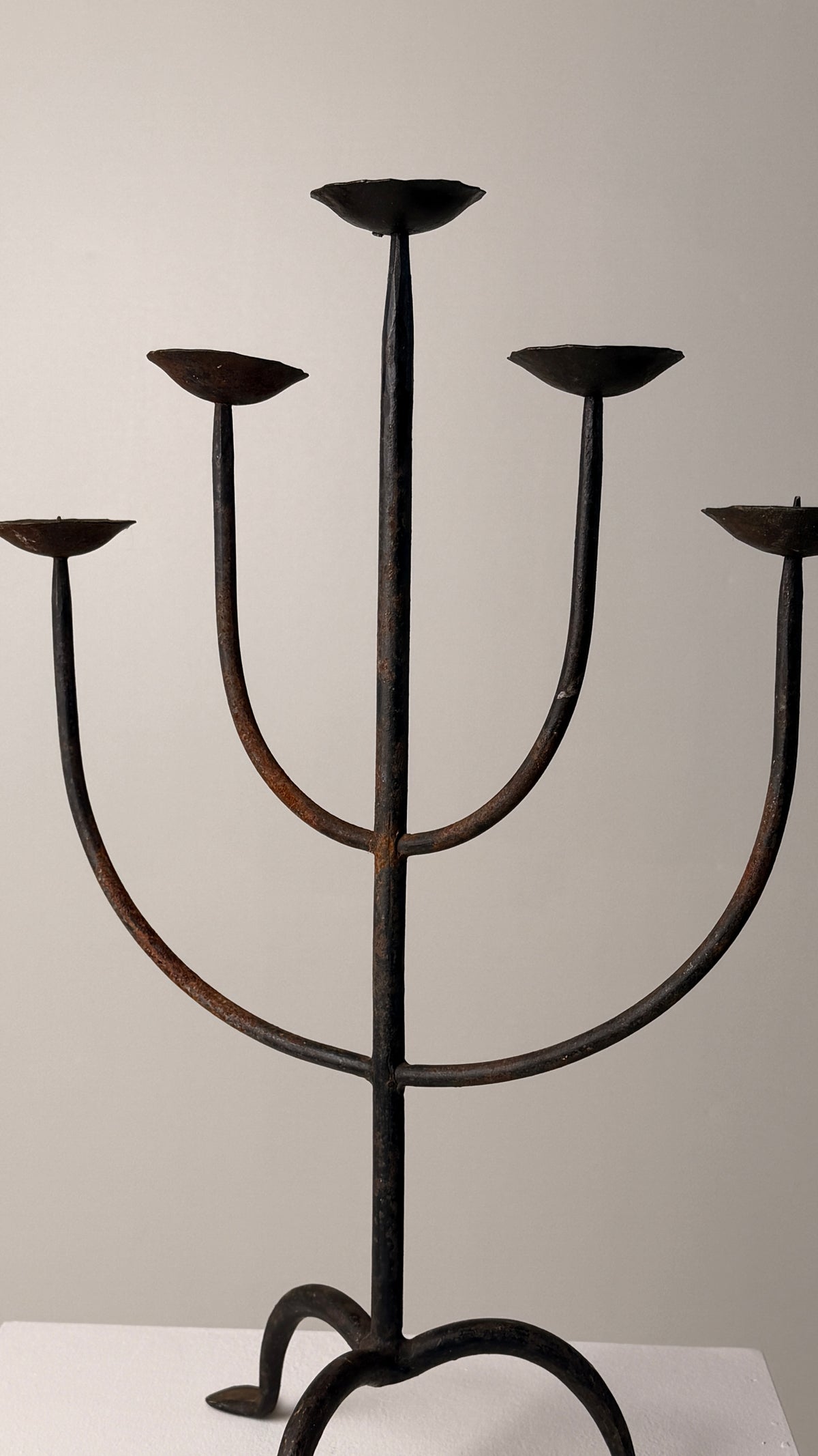 Wrought Iron Candelabrum, France, early 20th century — side angle showing five candle holders