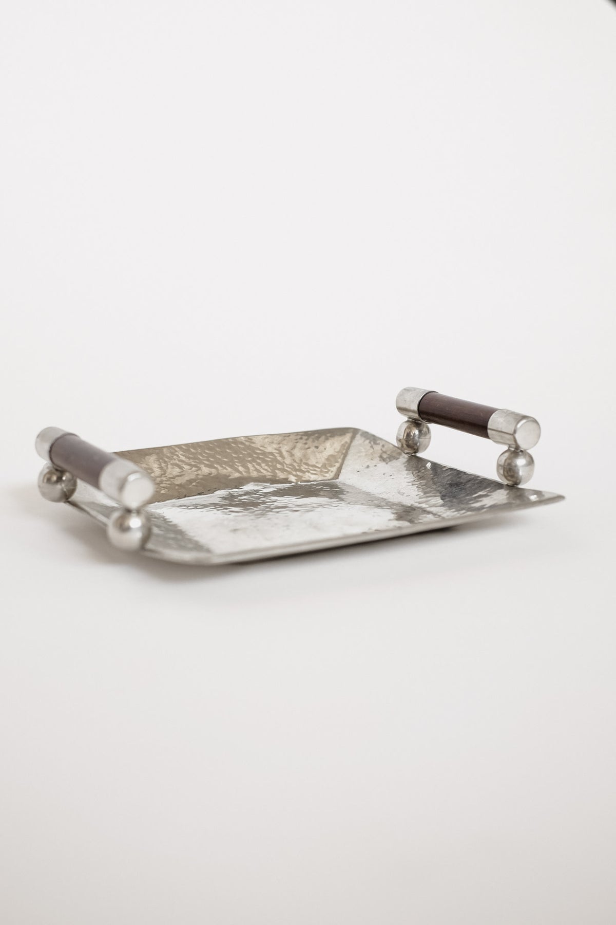 Hammered Pewter Tray with Wooden Handles by Schohaus — side angle