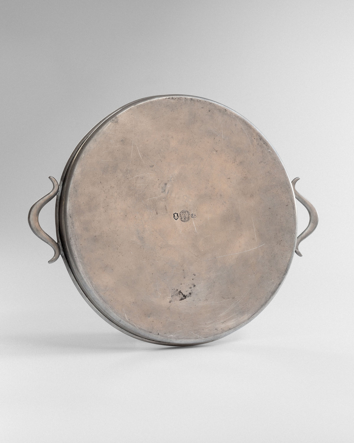 Bottom view of Art Deco pewter tray showing maker's marks