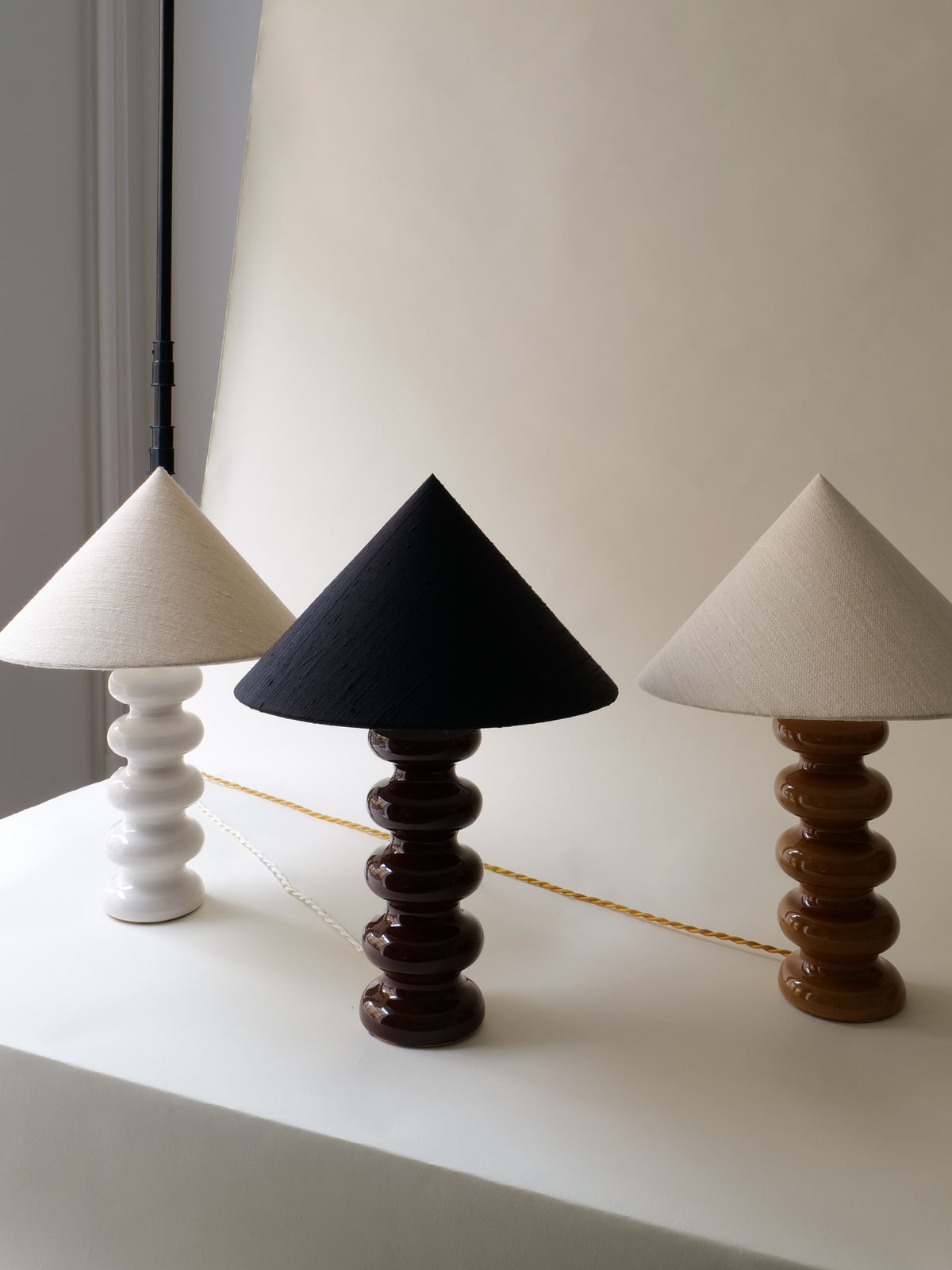 Vintage Table Lamp in Ceramic - Sculptural Collection — side angle showing three color variations on neutral backdrop
