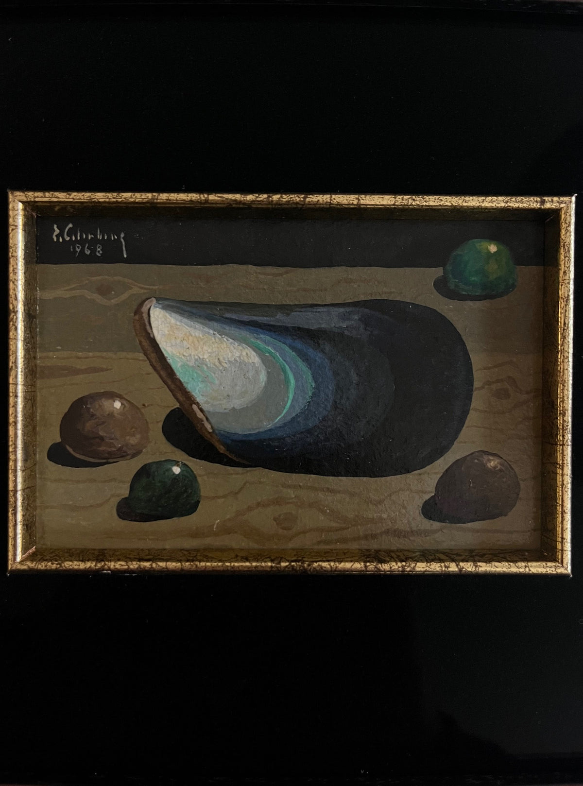 Still Life with Blue Mussel and Stones, 1968 — close-up of mussel shell on wooden surface