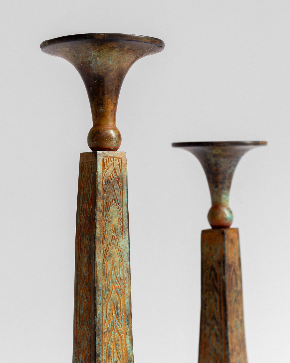 Pair of Sculptural Bronze Candlesticks/Vases with Patina — close-up